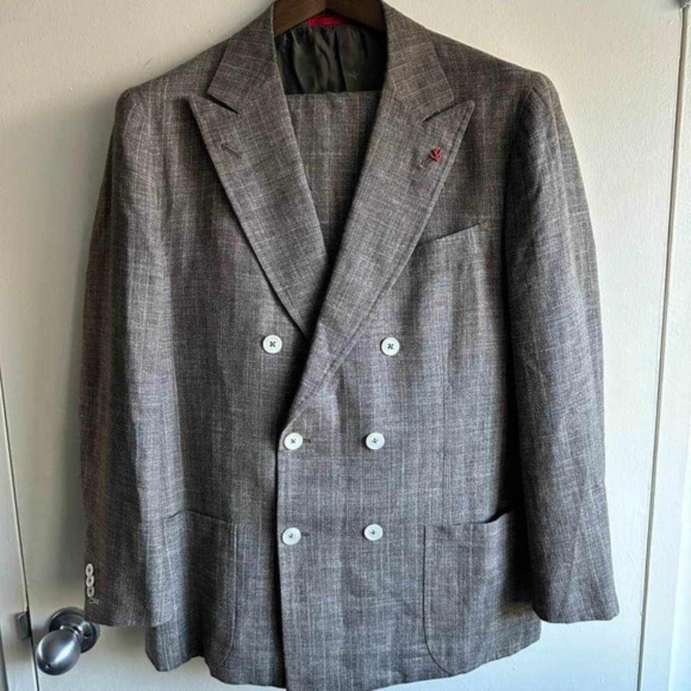 ISAIA Silk Wool Double Breasted Windowpane Taupe Suit EU52